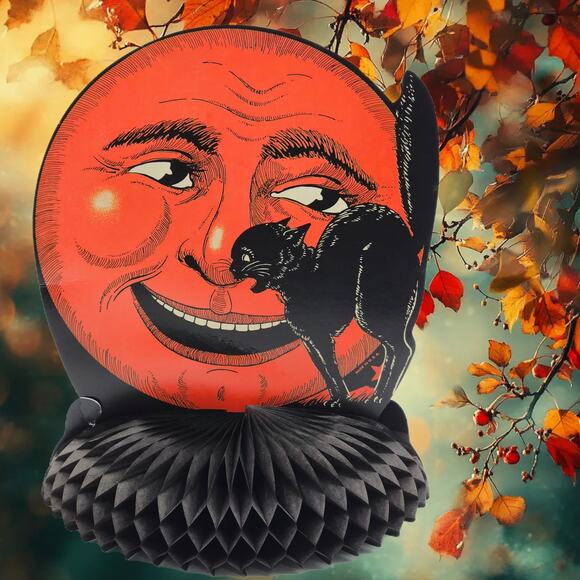 Spooky Vintage Beistle Halloween Cat & Moon Centerpiece - Fall Halloween Decor - Picture 2 of 9